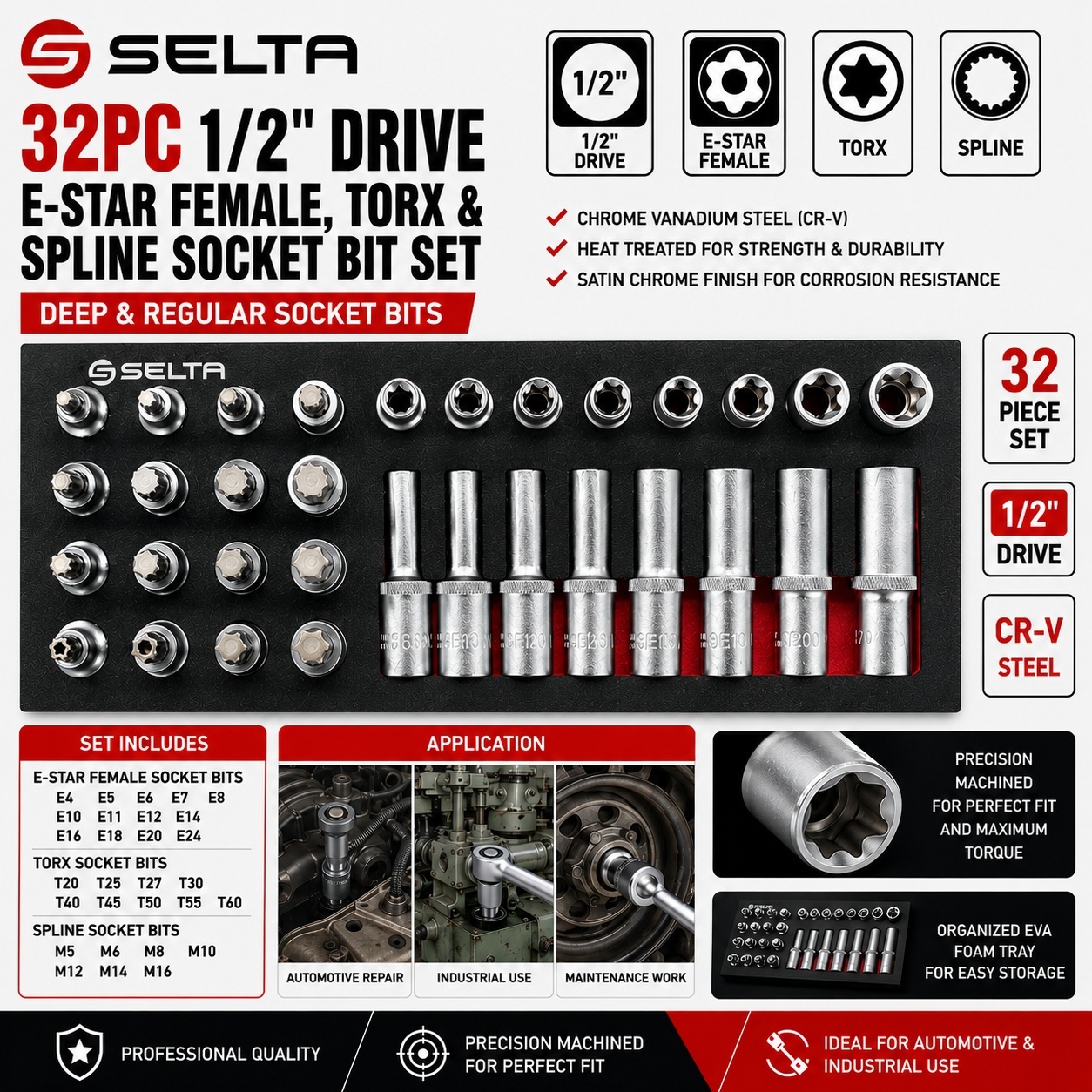 Selta Taiwan 32pc 1/2" Dr. Deep & Reg E-Star Female Socket Torx & Spline Bit Set EVA Tray