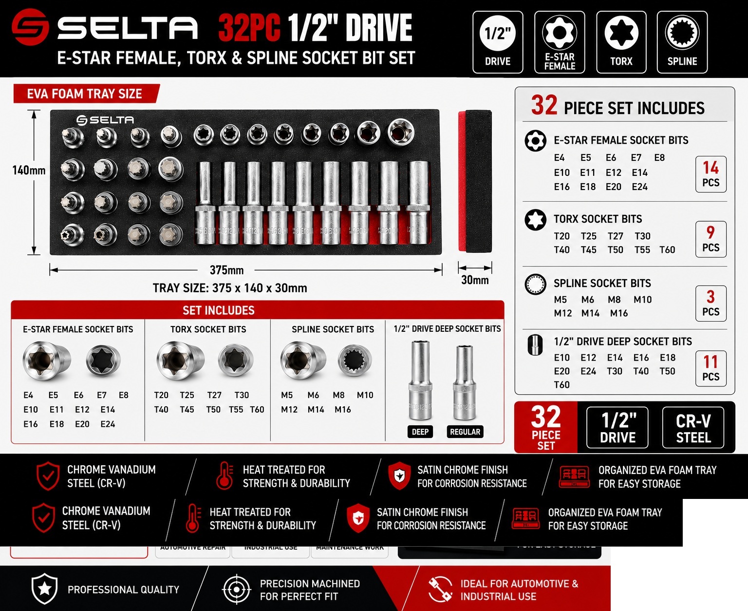 Selta Taiwan 32pc 1/2" Dr. Deep & Reg E-Star Female Socket Torx & Spline Bit Set EVA Tray