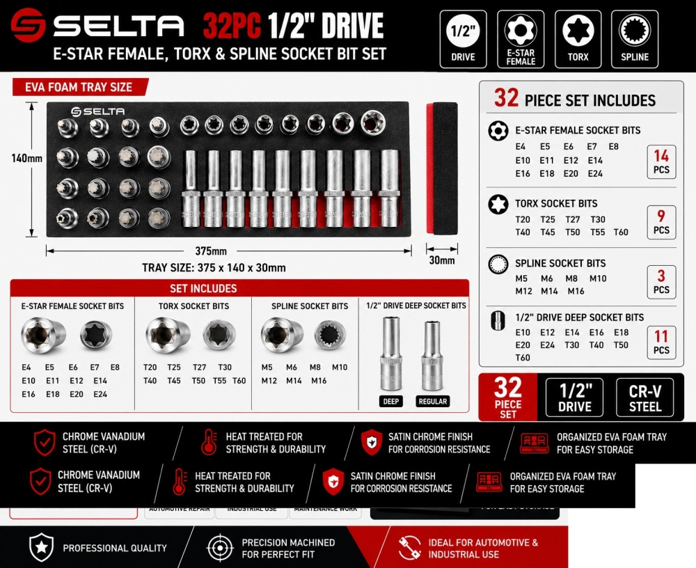 Selta Taiwan 32pc 1/2" Dr. Deep & Reg E-Star Female Socket Torx & Spline Bit Set EVA Tray
