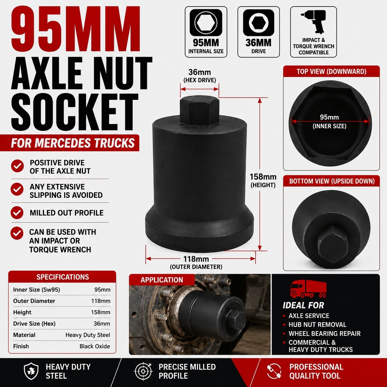 95mm Mercedes Axle Hub Nut Socket Wheel Bearing Service Tool 36mm Drive
