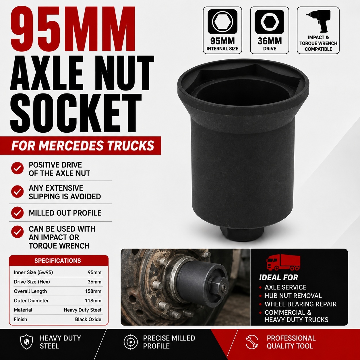 95mm Mercedes Axle Hub Nut Socket Wheel Bearing Service Tool 36mm Drive