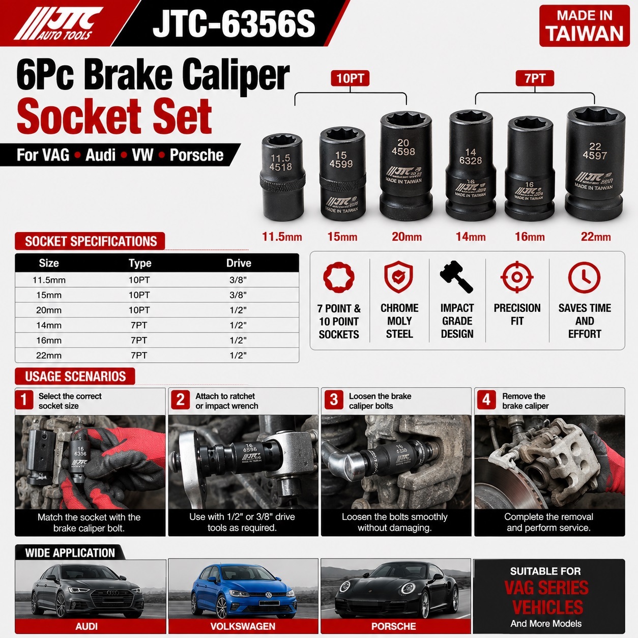 JTC-6356S 6pc Brake Caliper Socket Set VAG Audi VW Porsche 7Pt 10Pt
