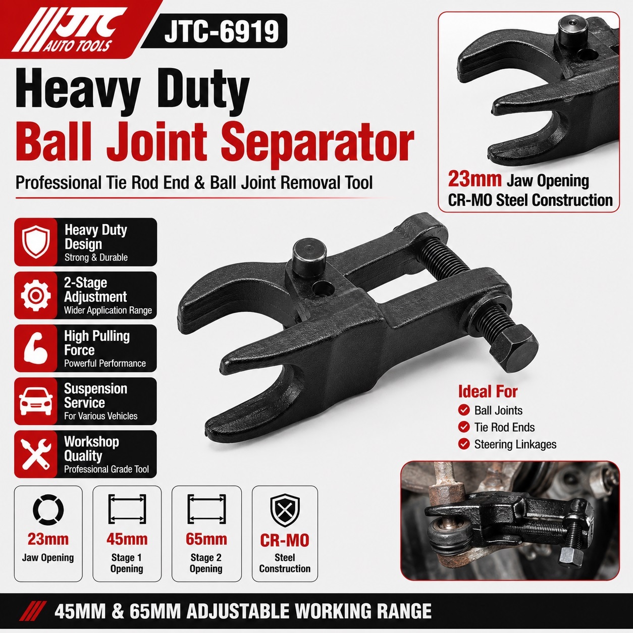 JTC-6919 Heavy Duty Ball Joint Separator Tie Rod End Puller 23mm Cr-Mo Steel