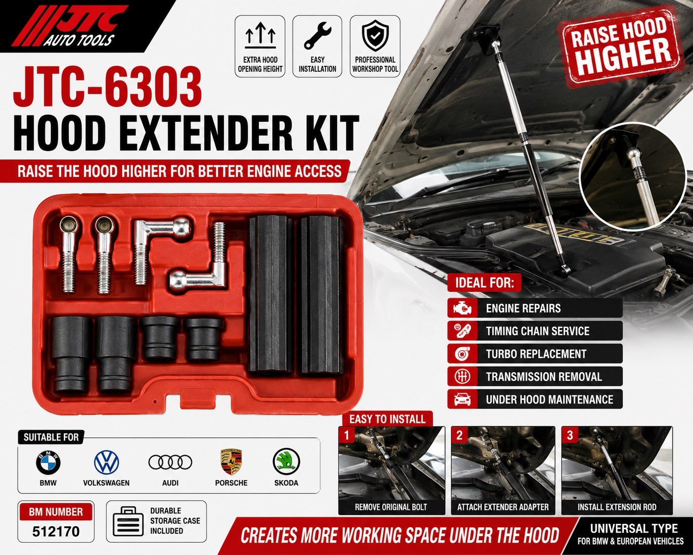 JTC-6303 Universal Hood Extender Kit For BMW VW Audi Porsche Skoda Bonnet Prop Rod Set