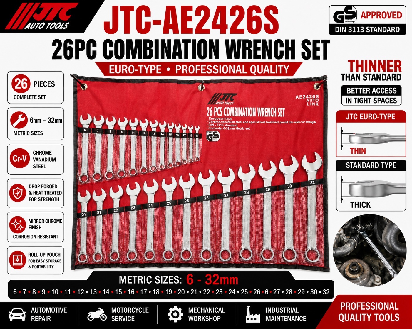 JTC-AE2426S 26pc Combination Wrench Set Metric 6-32mm Euro Type Cr-V