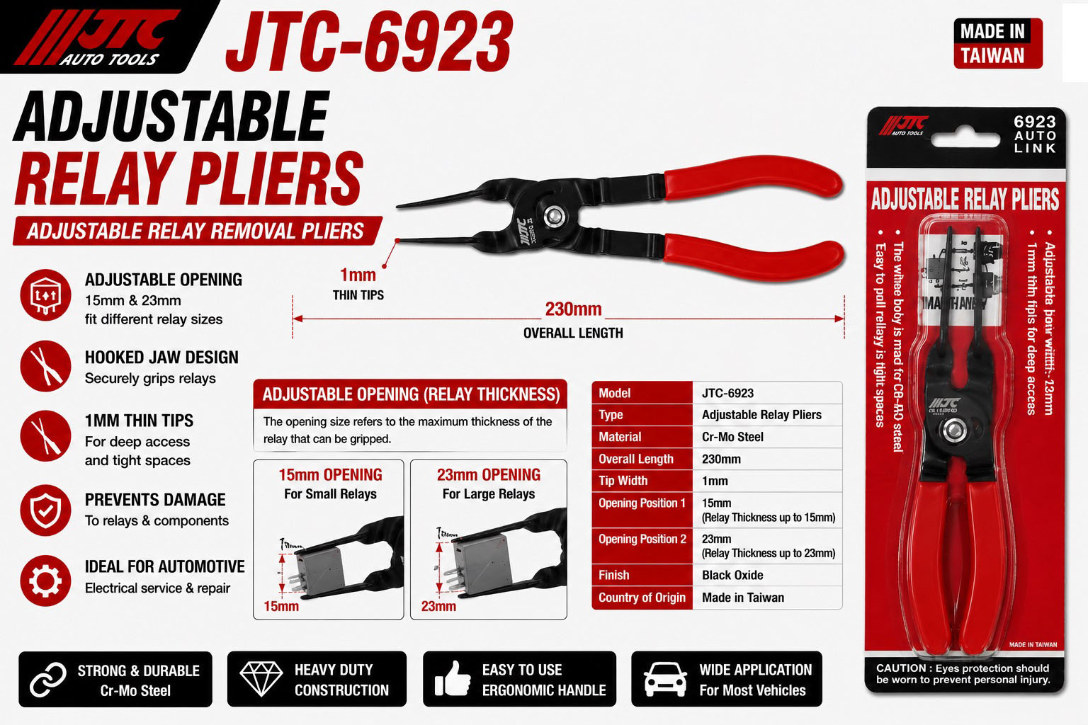 JTC-6923 15mm 23mm Adjustable Relay Pliers 230mmL