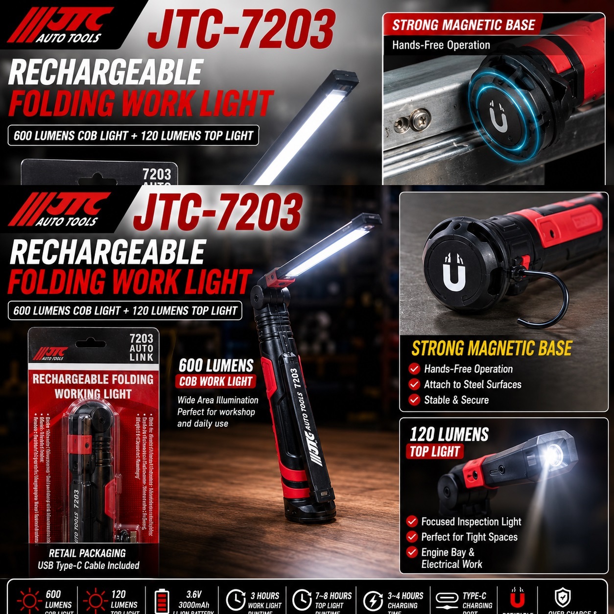 JTC-7203 Rechargeable Folding Working Light Magnet Base