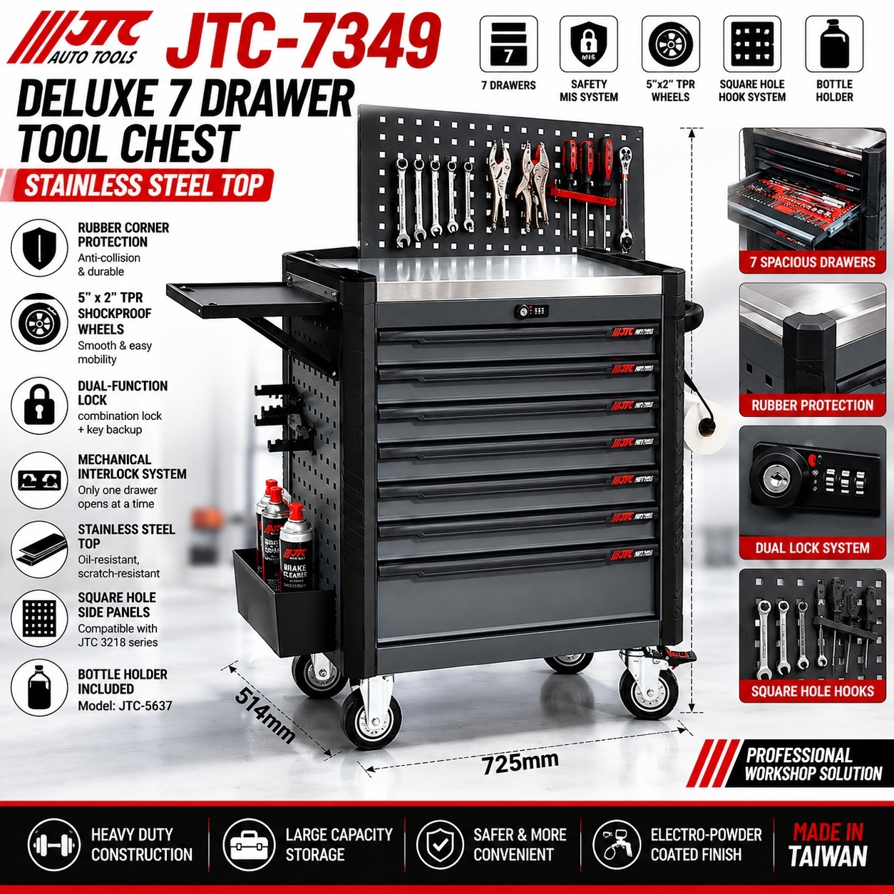 JTC-7349 Deluxe 7 Drawer Tool Chest Stainless Steel Top Rolling Workshop Cart