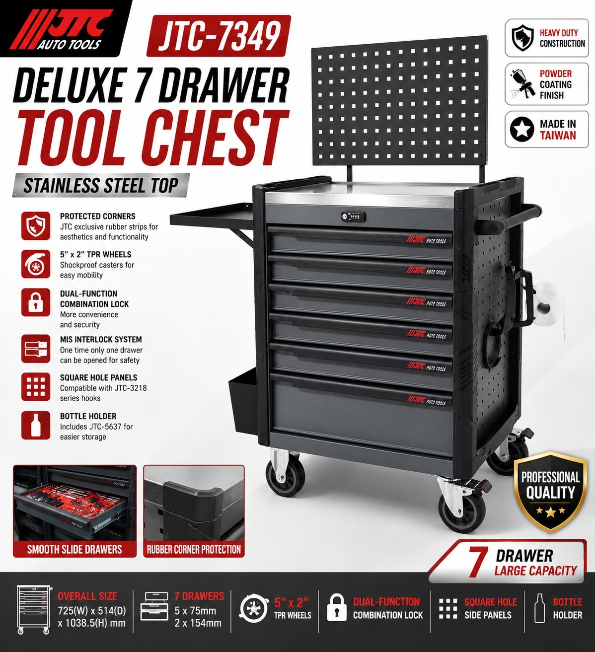 JTC-7349 Deluxe 7 Drawer Tool Chest Stainless Steel Top Rolling Workshop Cart