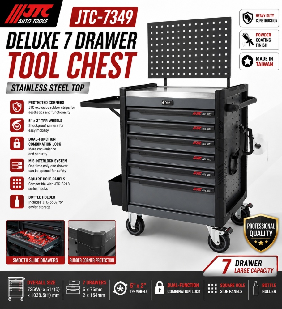 JTC-7349 Deluxe 7 Drawer Tool Chest Stainless Steel Top Rolling Workshop Cart