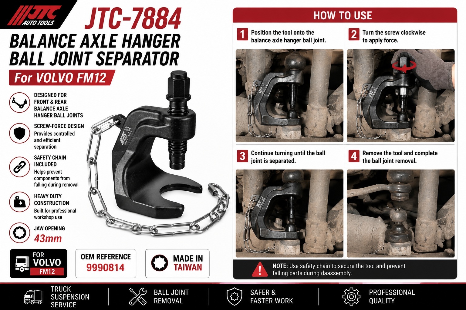 JTC-7884 Volvo FM12 Balance Axle Hanger Ball Joint Separator 43mm OEM 9990814