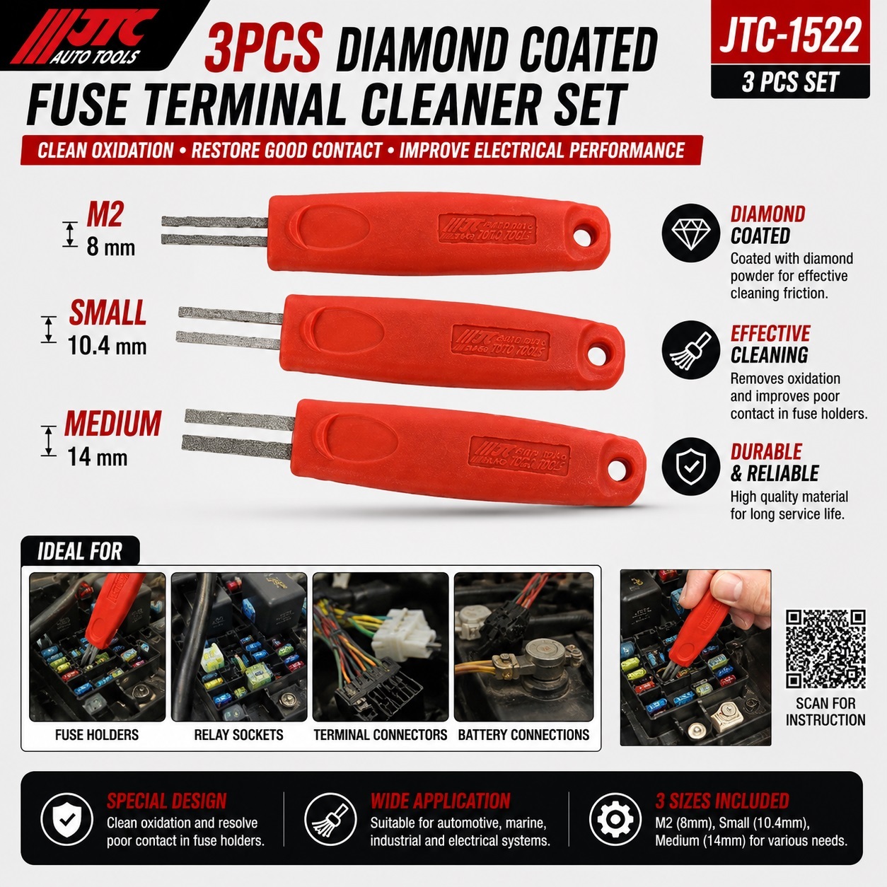 JTC-1522 3pc Fuse Terminal Cleaner Set Relay Socket Contact Cleaner Diamond Coated