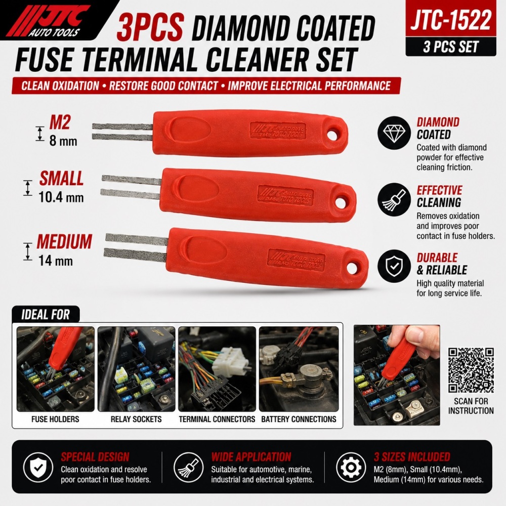 JTC-1522 3pc Fuse Terminal Cleaner Set Relay Socket Contact Cleaner Diamond Coated