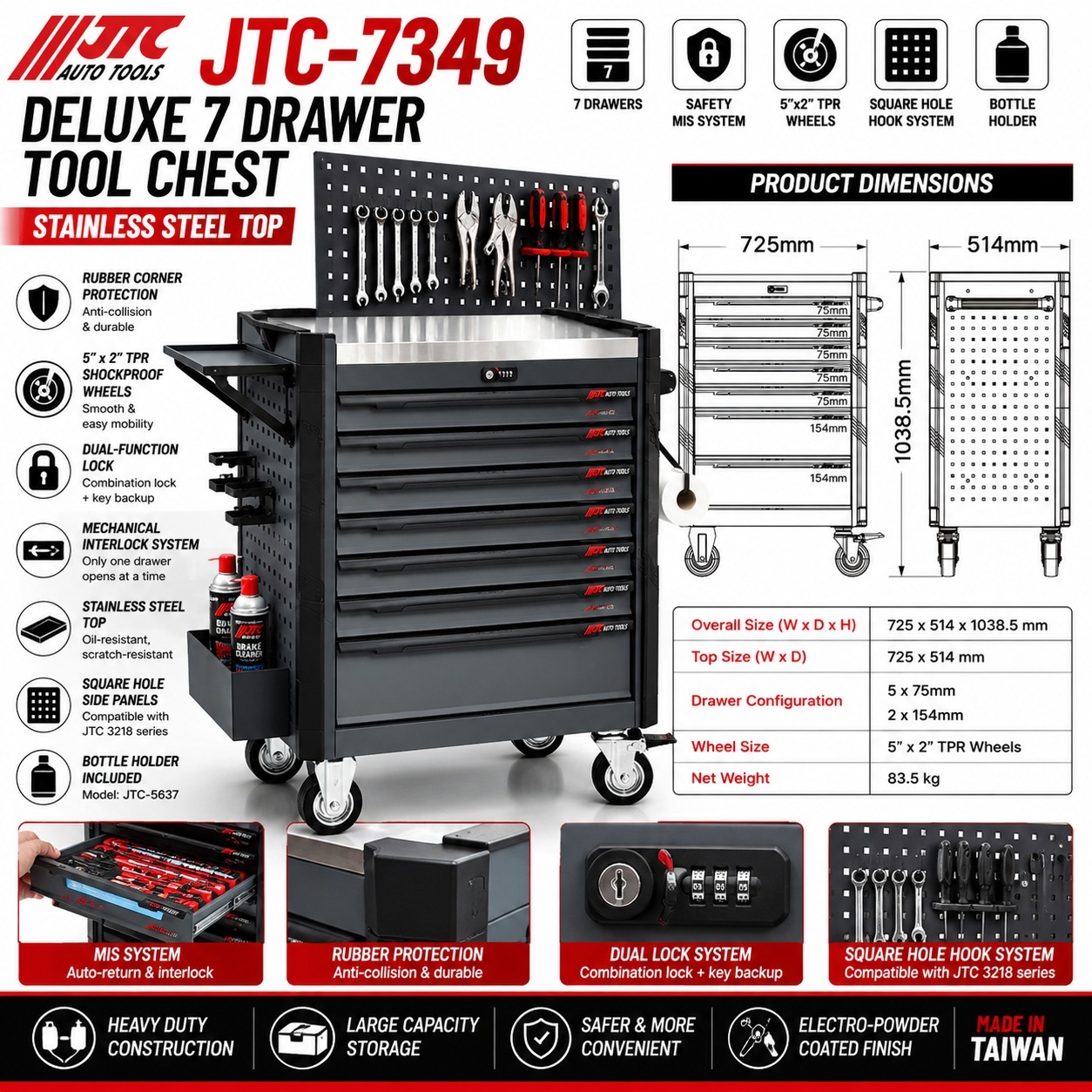 JTC-7349 Deluxe 7 Drawer Tool Chest Stainless Steel Top Rolling Workshop Cart
