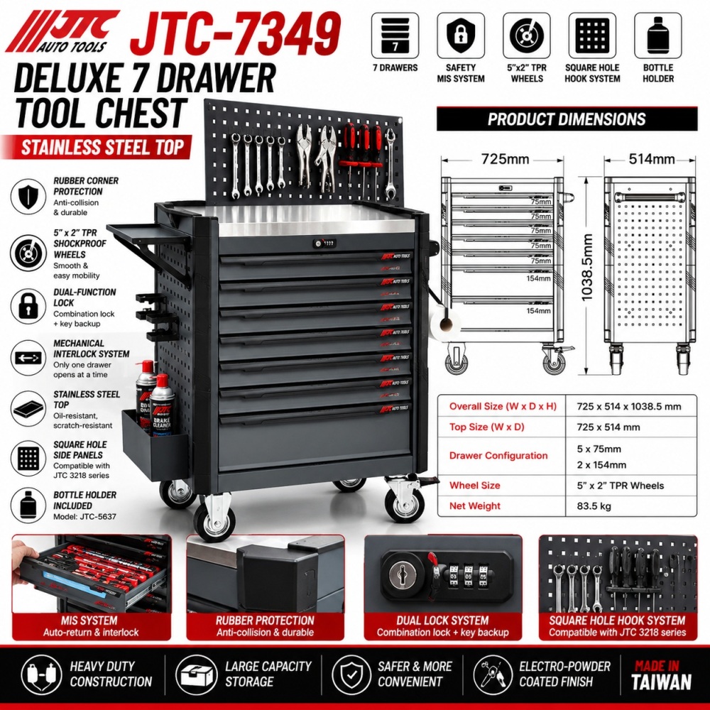 JTC-7349 Deluxe 7 Drawer Tool Chest Stainless Steel Top Rolling Workshop Cart