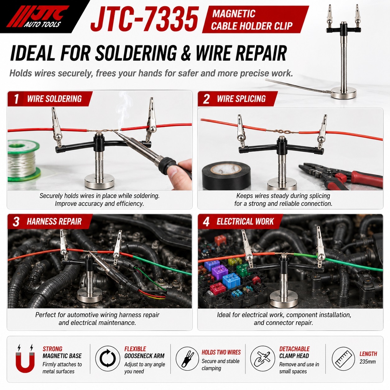 JTC-7335 Magnetic Cable Holder Clip Flexible Wire Soldering Clamp Welding Aid