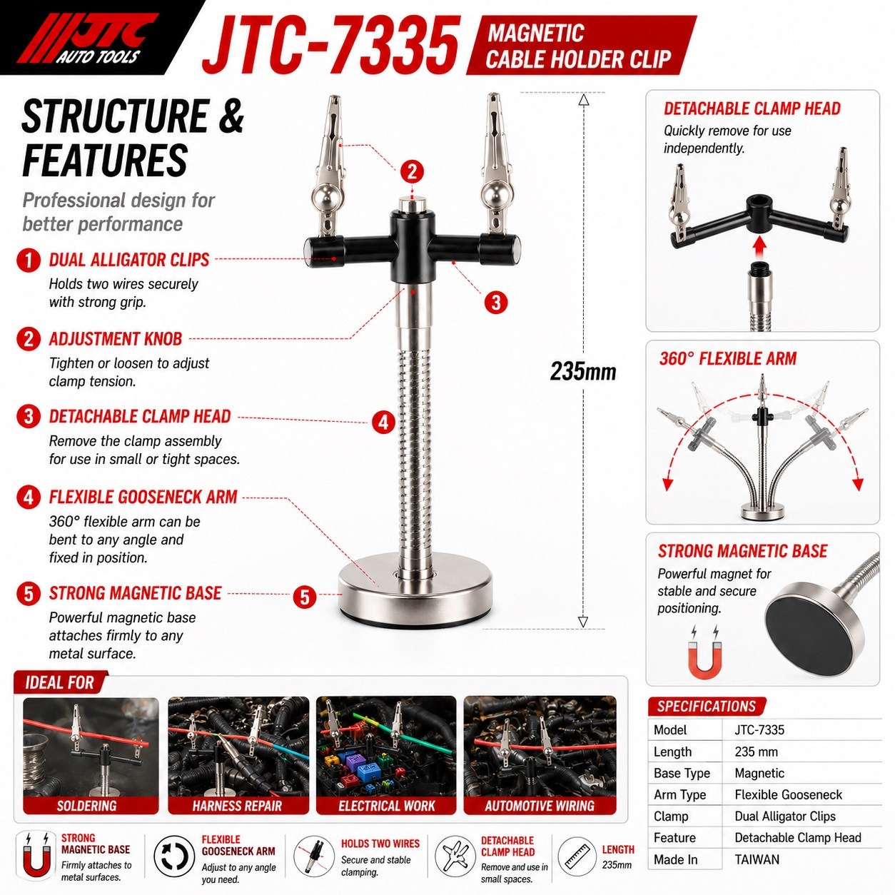 JTC-7335 Magnetic Cable Holder Clip Flexible Wire Soldering Clamp Welding Aid
