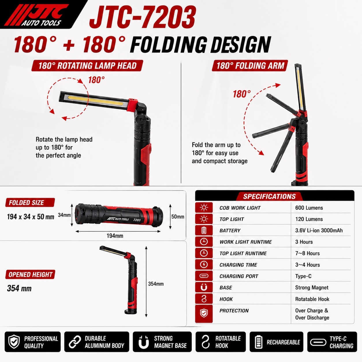 JTC-7203 Rechargeable Folding Working Light Magnet Base