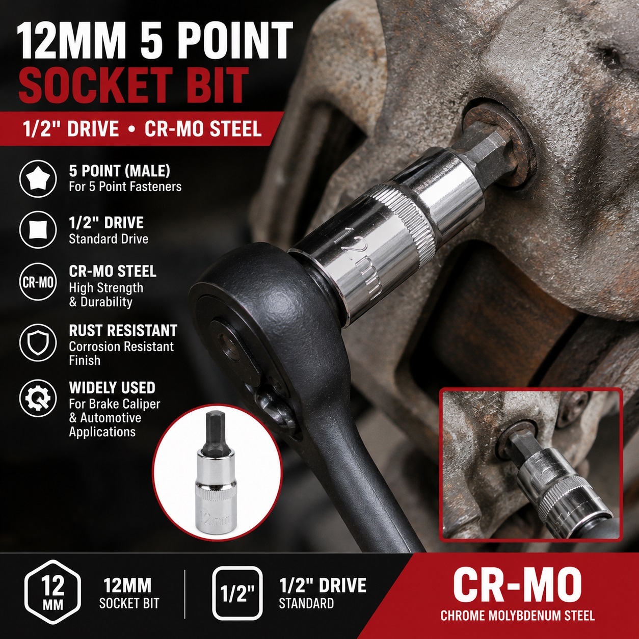 12mm 5pt Points Pentagon Brake Caliper Hex Security Socket Bit 1/2" Drive Cr-Mo Steel