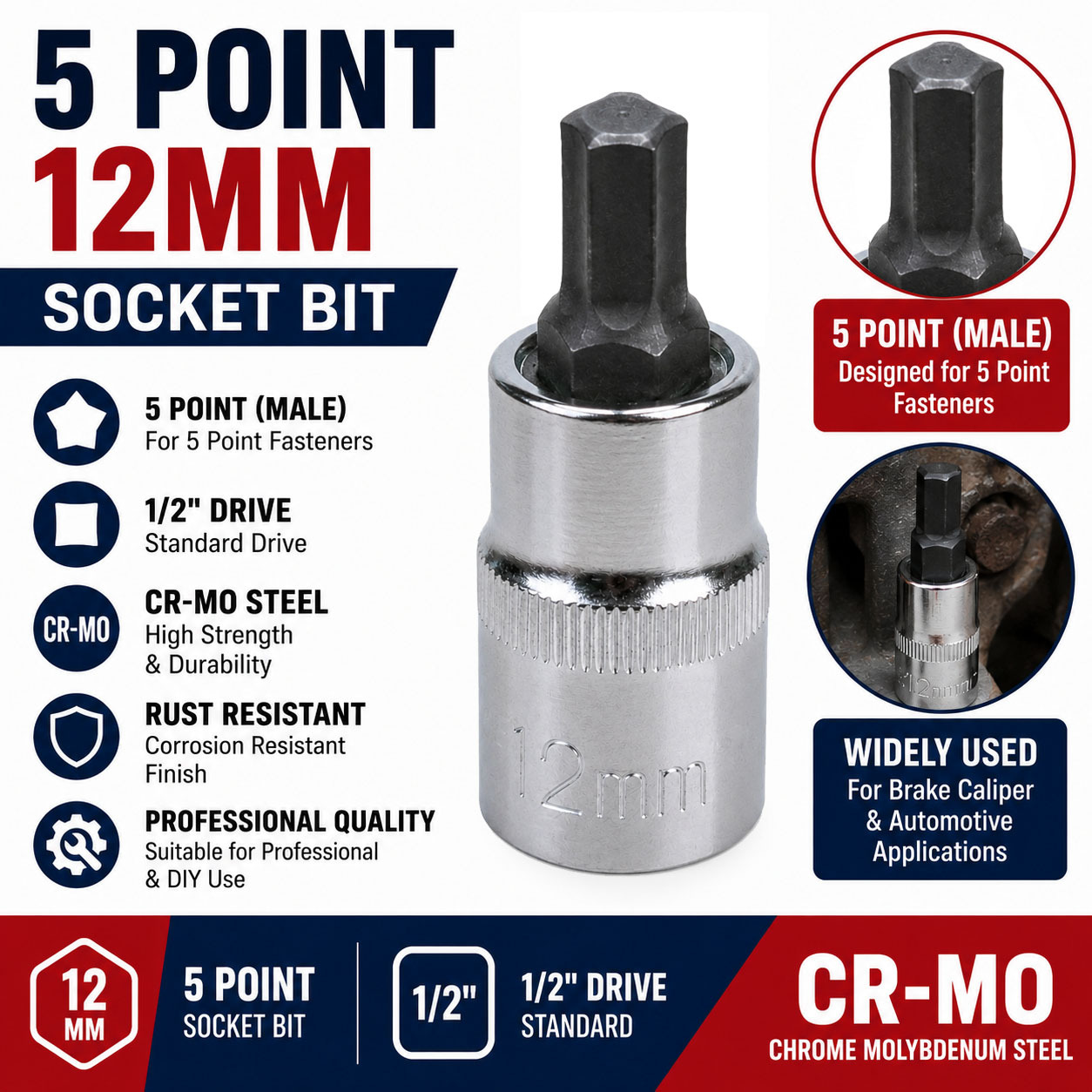 12mm 5pt Points Pentagon Brake Caliper Hex Security Socket Bit 1/2" Drive Cr-Mo Steel
