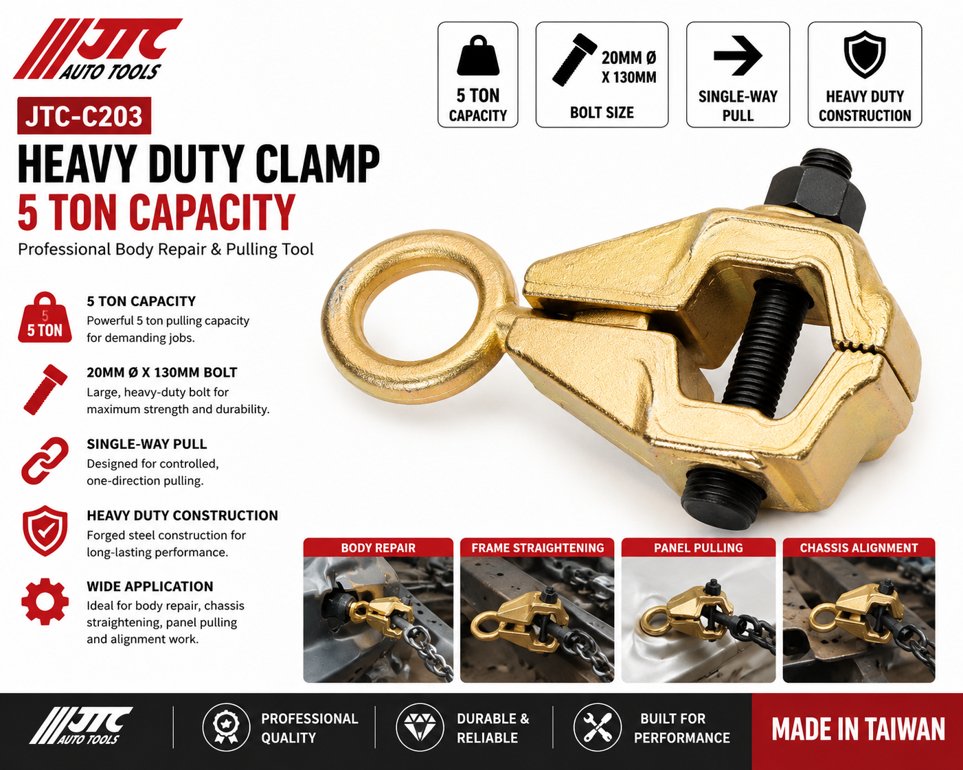 JTC-C203 Heavy Duty Panel Beating Clamp 5 Ton Single Way Pull Body Repair Tool Taiwan