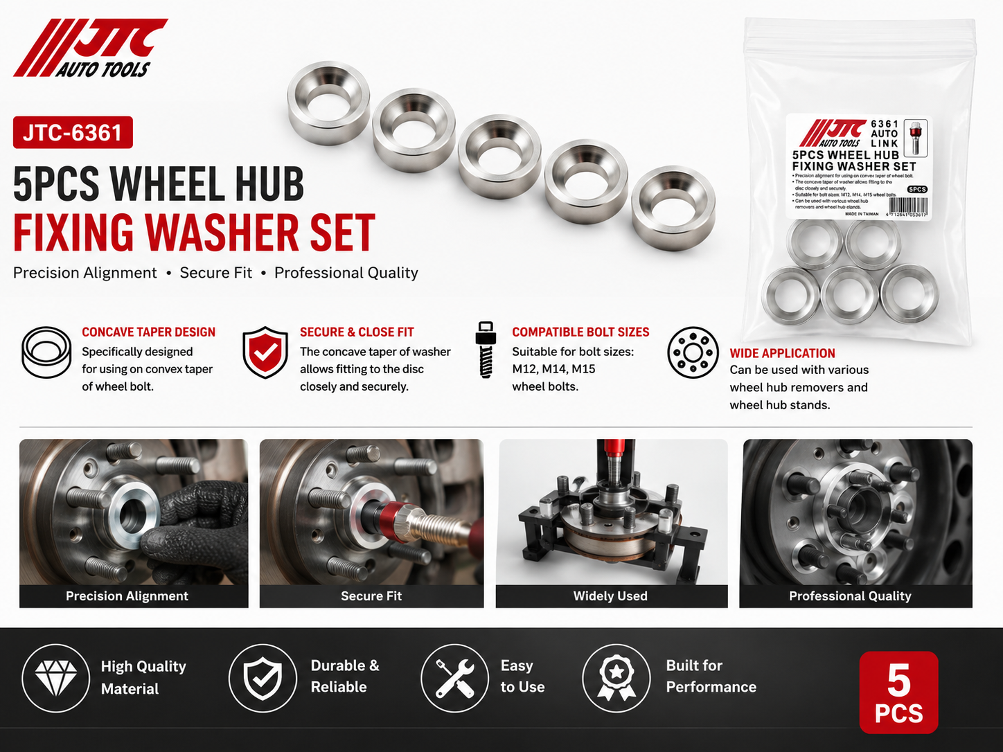 JTC-6361 5pc Wheel Hub Fixing Washer Set Wheel Hub Alignment Tool For M12 M14 M15