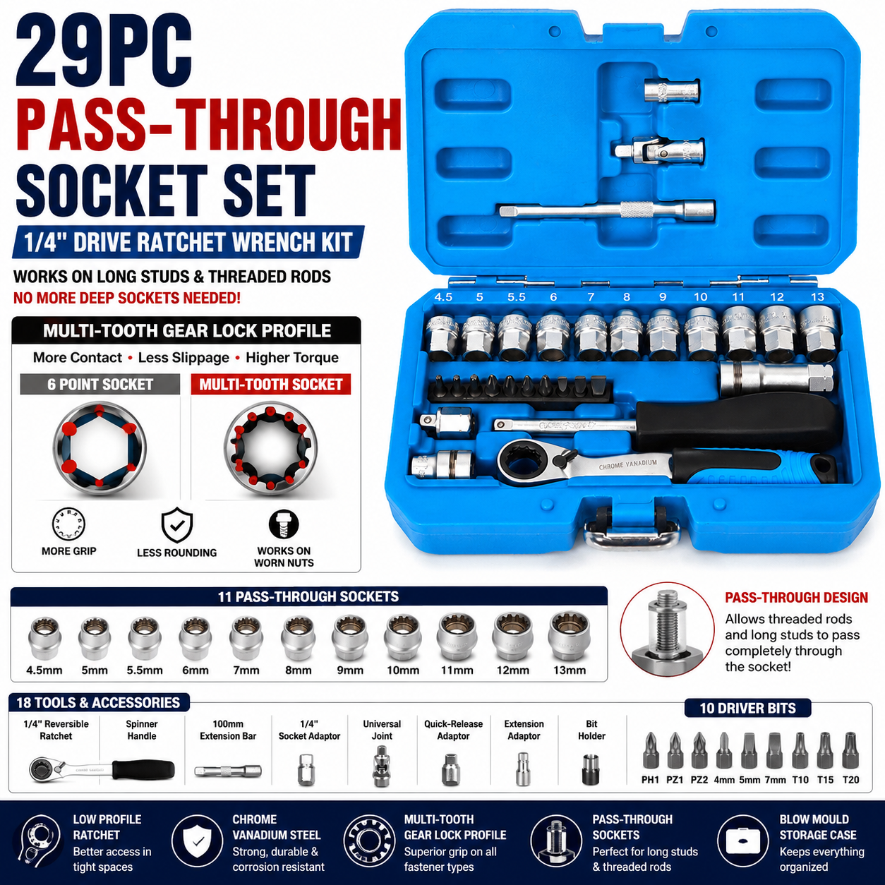 29pc 1/4" Dr. Pass Through Socket Set Multi-Tooth Gear Lock Ratchet Wrench Kit