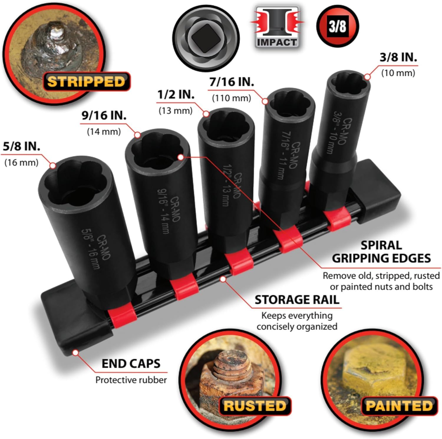 5pc 3/8" Dr Deep Bolt Extractor Set Damaged Nut Remover Socket Spiral Grip