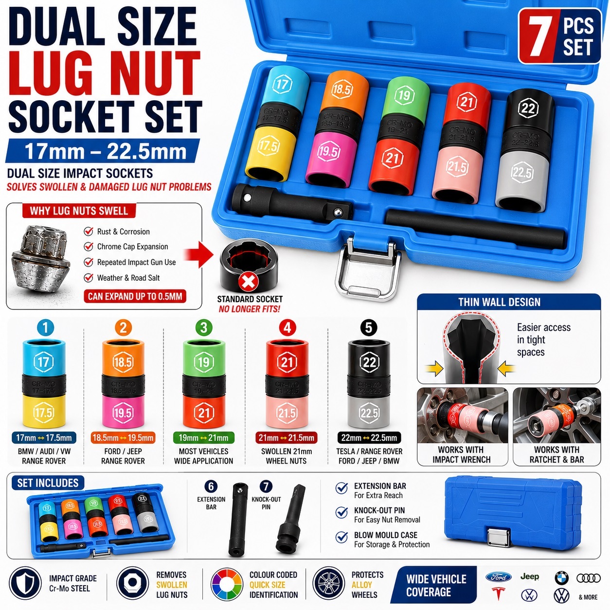 7pc Swollen Lug Nut Socket Set 17-22.5mm Half Size Wheel Nut Impact Socket Kit