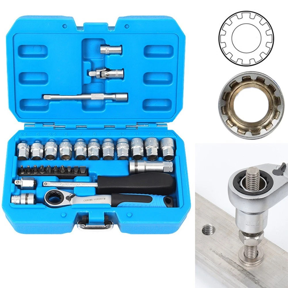 29pc 1/4" Dr. Pass Through Socket Set Multi-Tooth Gear Lock Ratchet Wrench Kit