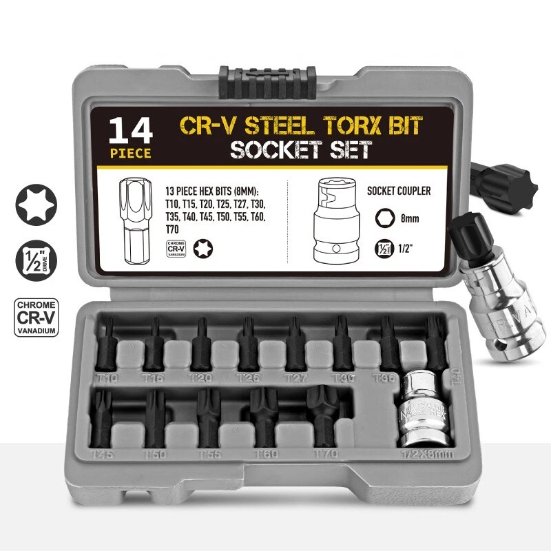 14pc Torx Star Key 1/2" Dr Socket Bits Set: T-10-15-20-25-27-30-35-40-45-50-55-60-70