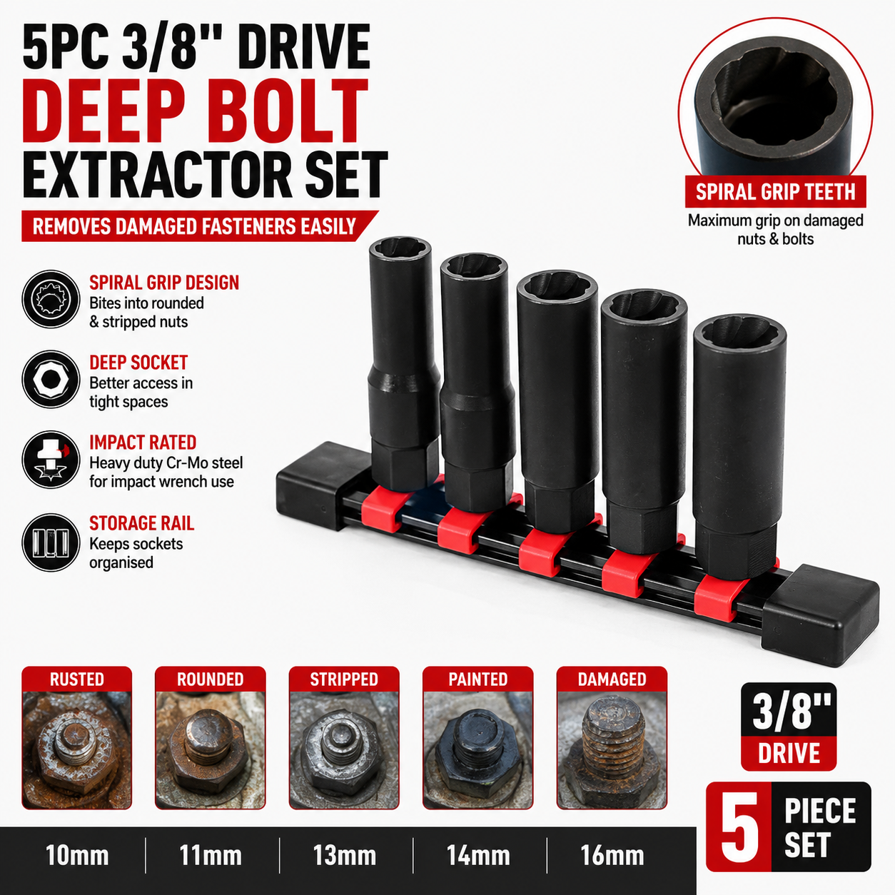 5pc 3/8" Dr Deep Bolt Extractor Set Damaged Nut Remover Socket Spiral Grip