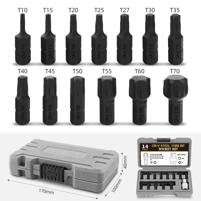14pc Torx Star Key 1/2" Dr Socket Bits Set: T-10-15-20-25-27-30-35-40-45-50-55-60-70
