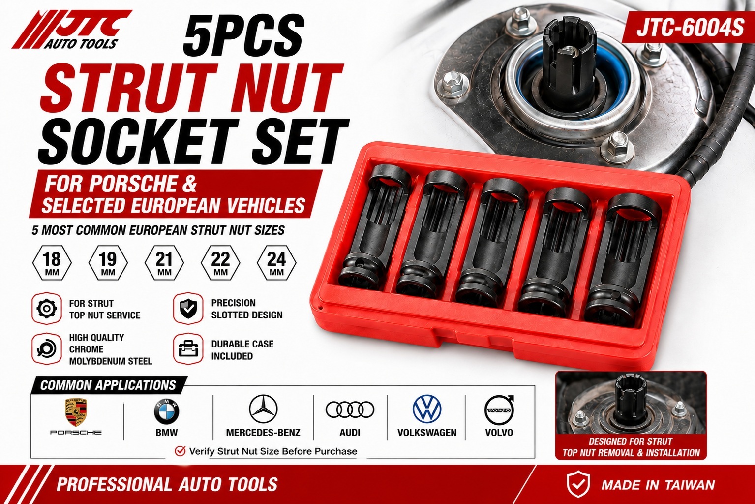 JTC-6004S 18-19-21-22-24mm 5pc Strut Nut Socket Suspension Shock Removal Tool