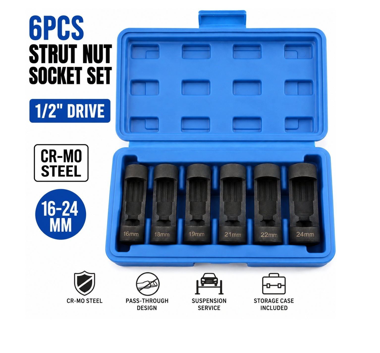 6pc Strut Nut Socket Set 1/2" Dr. 16-24mm Suspension Shock Removal Tool