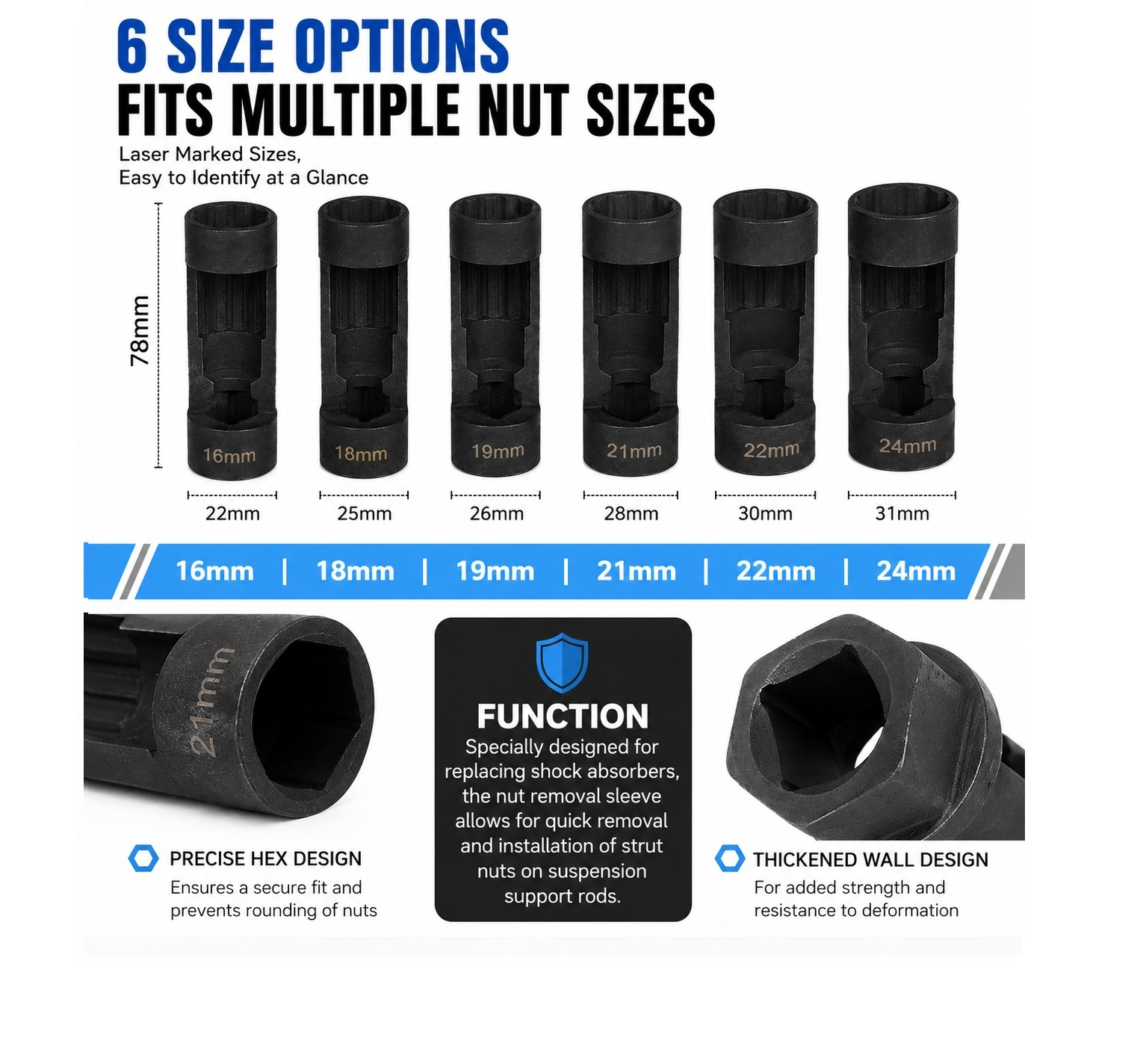6pc Strut Nut Socket Set 1/2" Dr. 16-24mm Suspension Shock Removal Tool