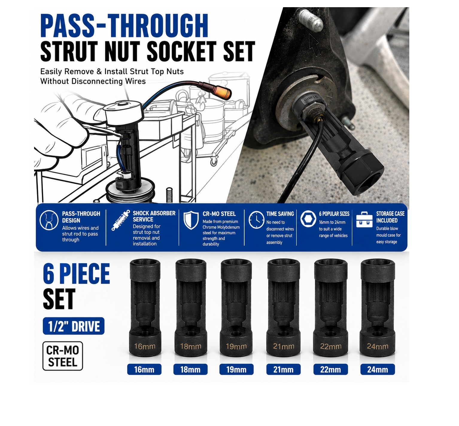 6pc Strut Nut Socket Set 1/2" Dr. 16-24mm Suspension Shock Removal Tool