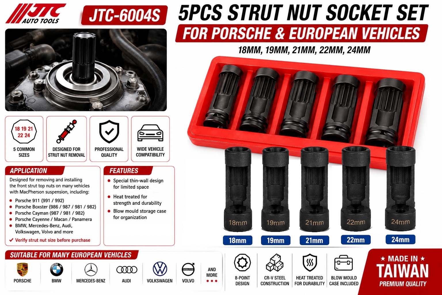 JTC-6004S 18-19-21-22-24mm 5pc Strut Nut Socket Suspension Shock Removal Tool