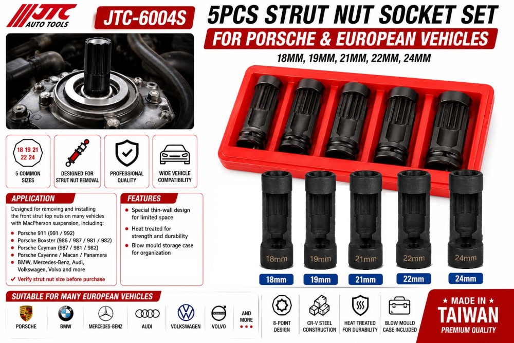 JTC-6004S 18-19-21-22-24mm 5pc Strut Nut Socket Suspension Shock Removal Tool