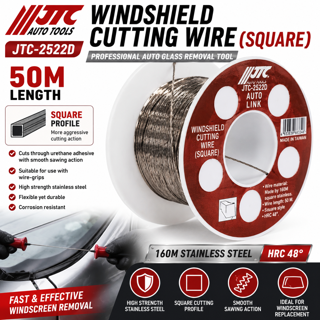 JTC-2522D Windshield Cutting Wire Square Stainless Steel 50M Auto Glass Removal