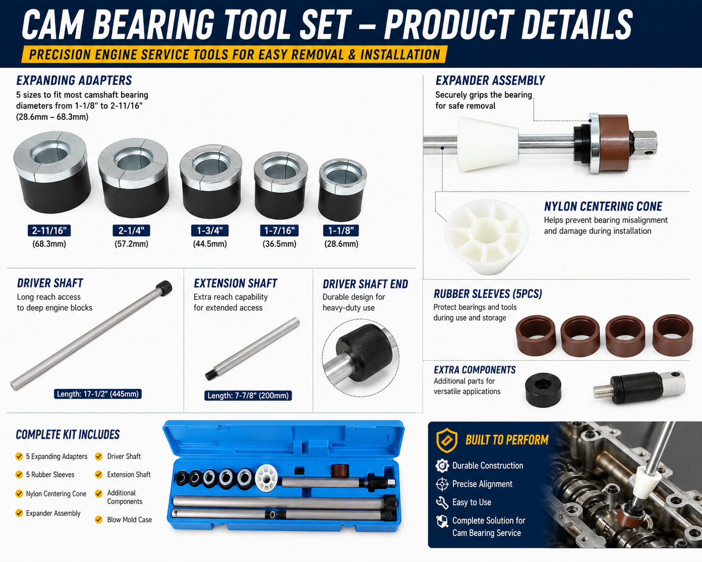 Universal Cam Bearing Removal Installation Tool Set 1-1/8" To 2-11/16" Camshaft Bearing Kit