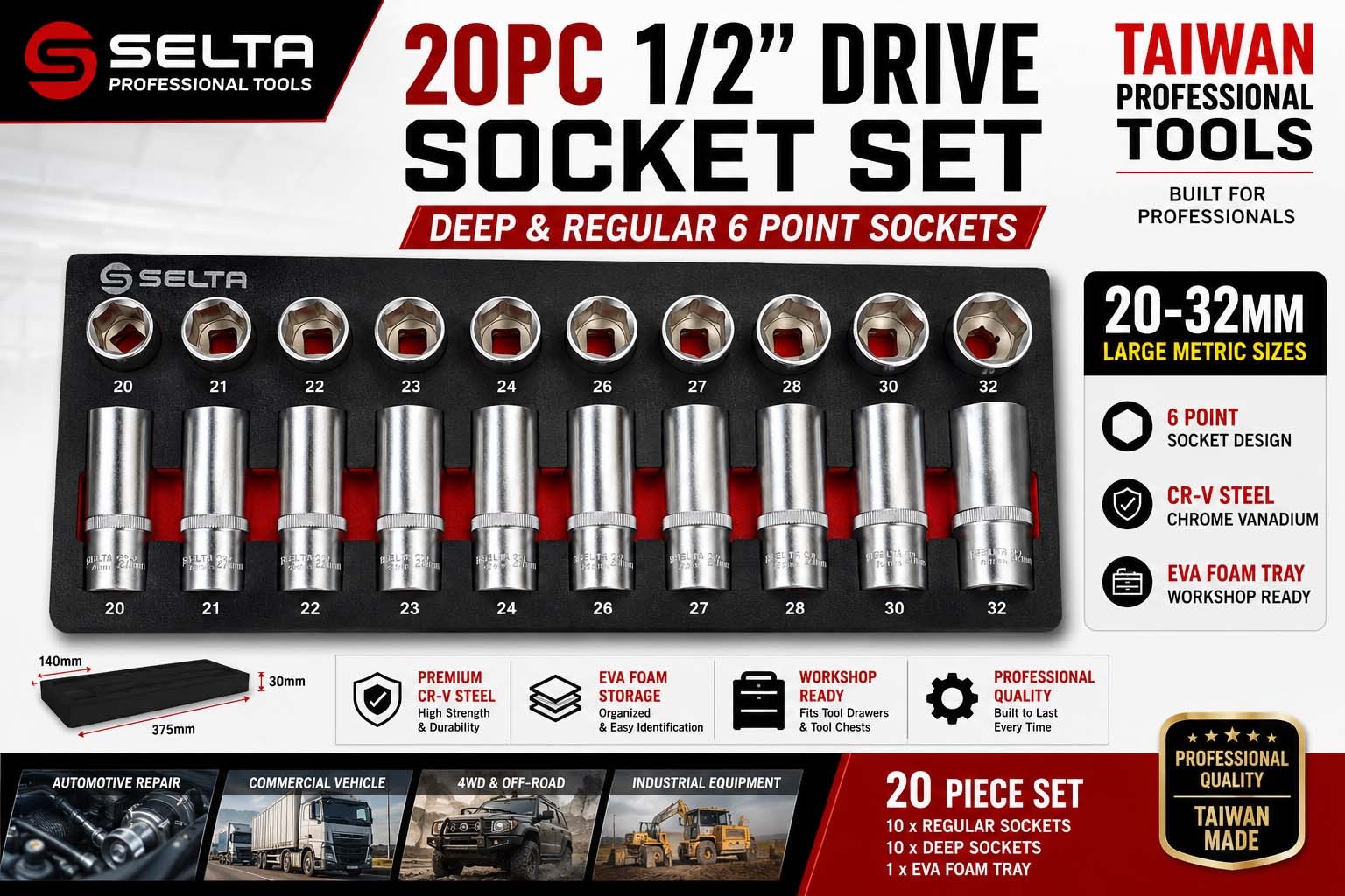 Selta Taiwan 20pc 1/2" Drive Deep & Regular 6 Point Socket Set 20-32mm EVA Tray