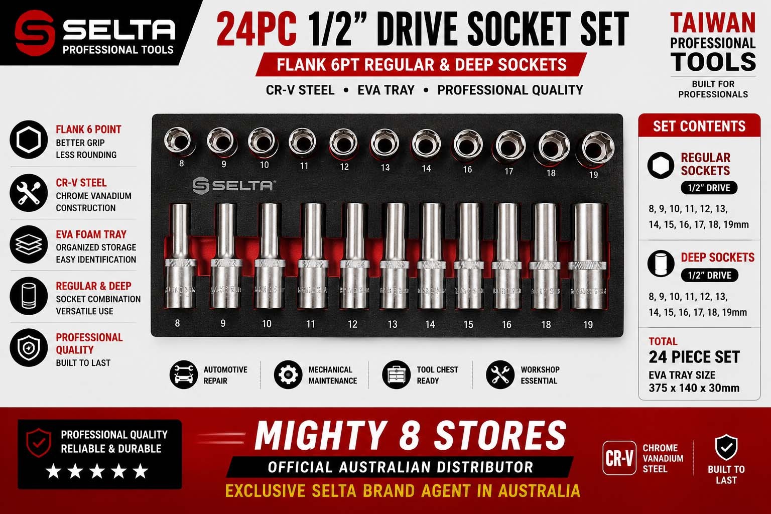 Selta Taiwan 24pc 1/2" Drive Flank 6 Point Socket Set EVA Tray