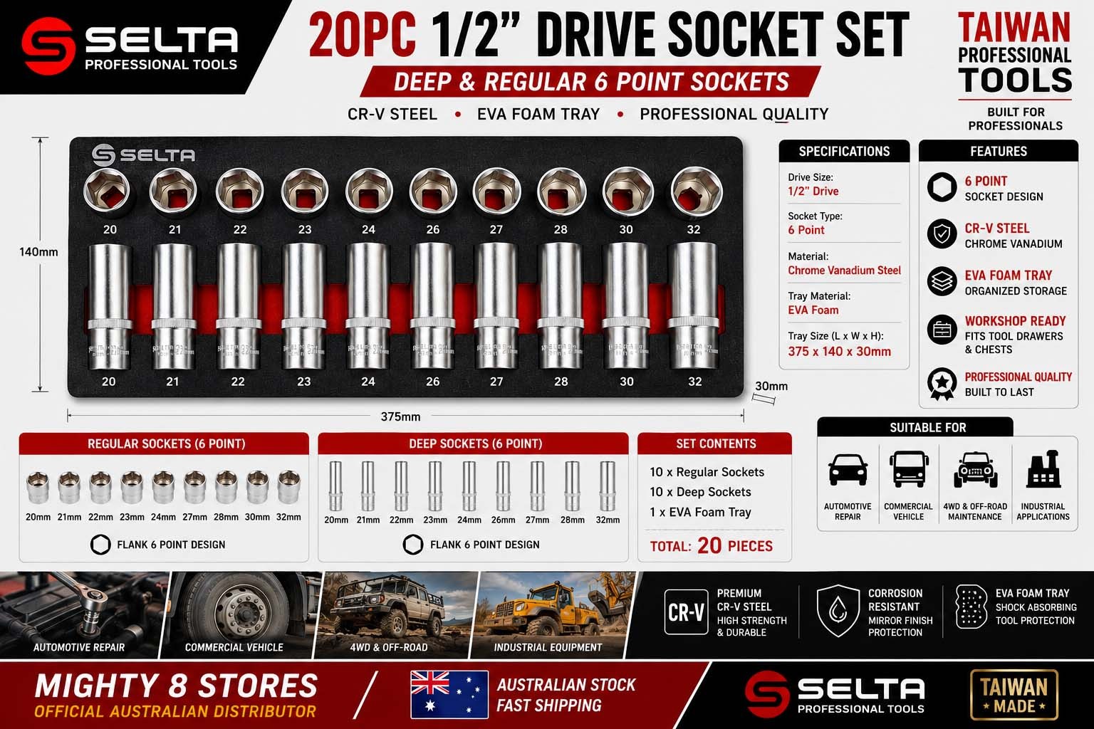 Selta Taiwan 20pc 1/2" Drive Deep & Regular 6 Point Socket Set 20-32mm EVA Tray