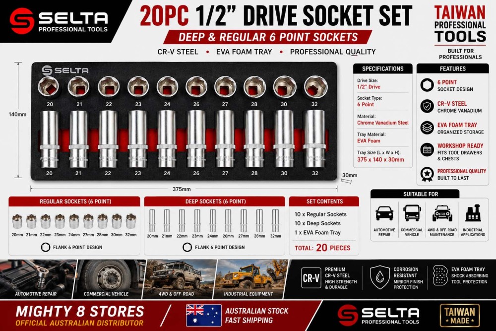 Selta Taiwan 20pc 1/2" Drive Deep & Regular 6 Point Socket Set 20-32mm EVA Tray