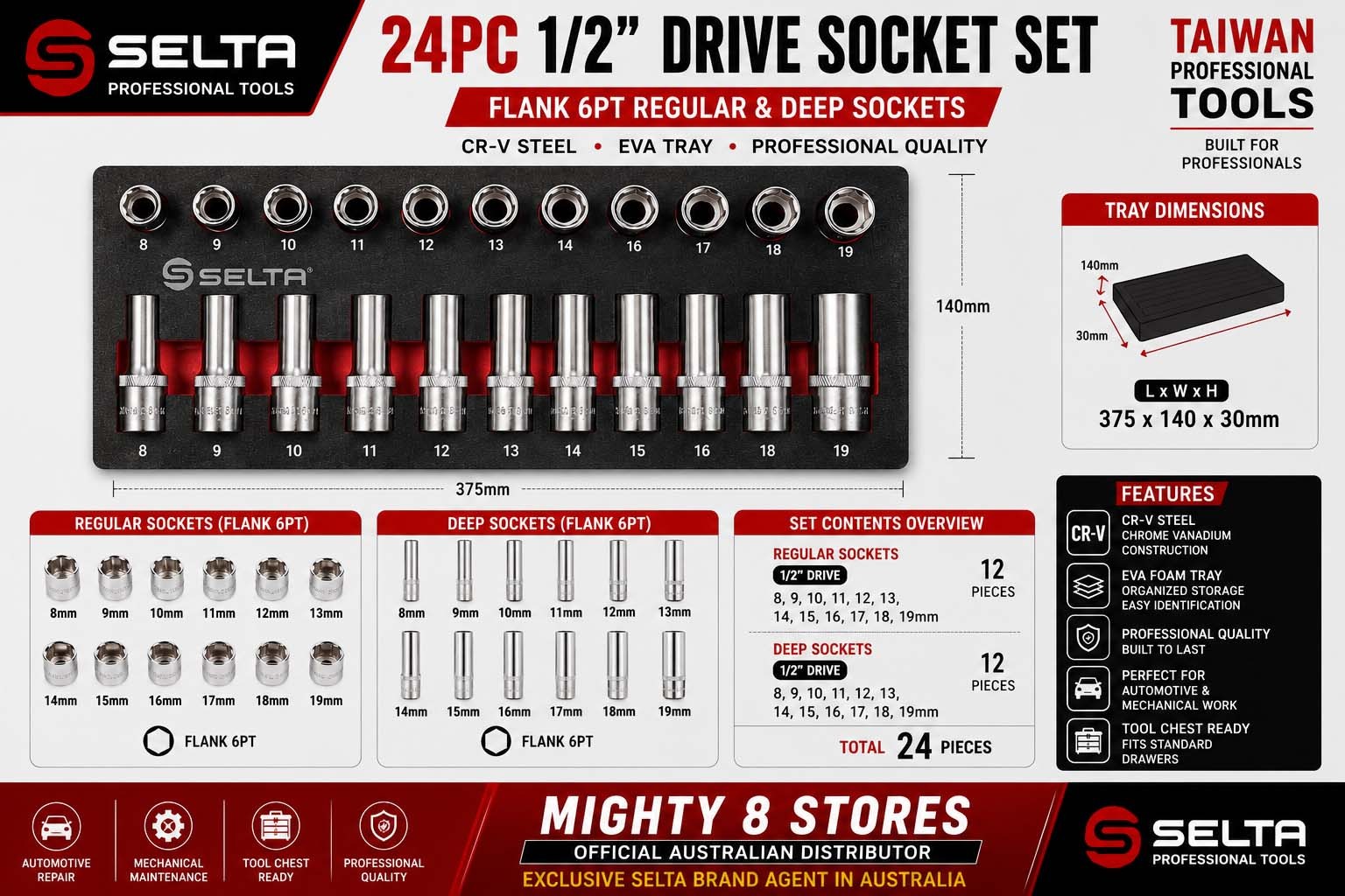 Selta Taiwan 24pc 1/2" Drive Flank 6 Point Socket Set EVA Tray