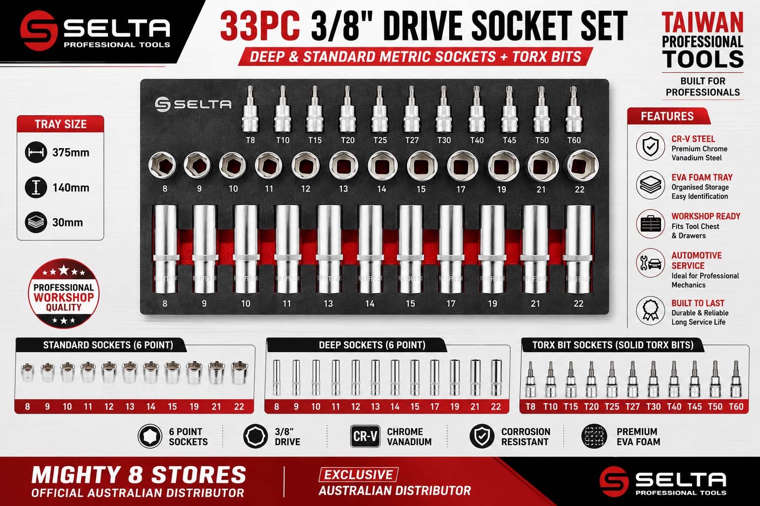 Selta Taiwan T3533E 33pc 3/8" Dr. 6pt Flank Regular & Deep Socket & Star Torx Bits Set