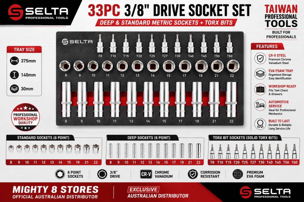 Selta Taiwan T3533E 33pc 3/8" Dr. 6pt Flank Regular & Deep Socket & Star Torx Bits Set