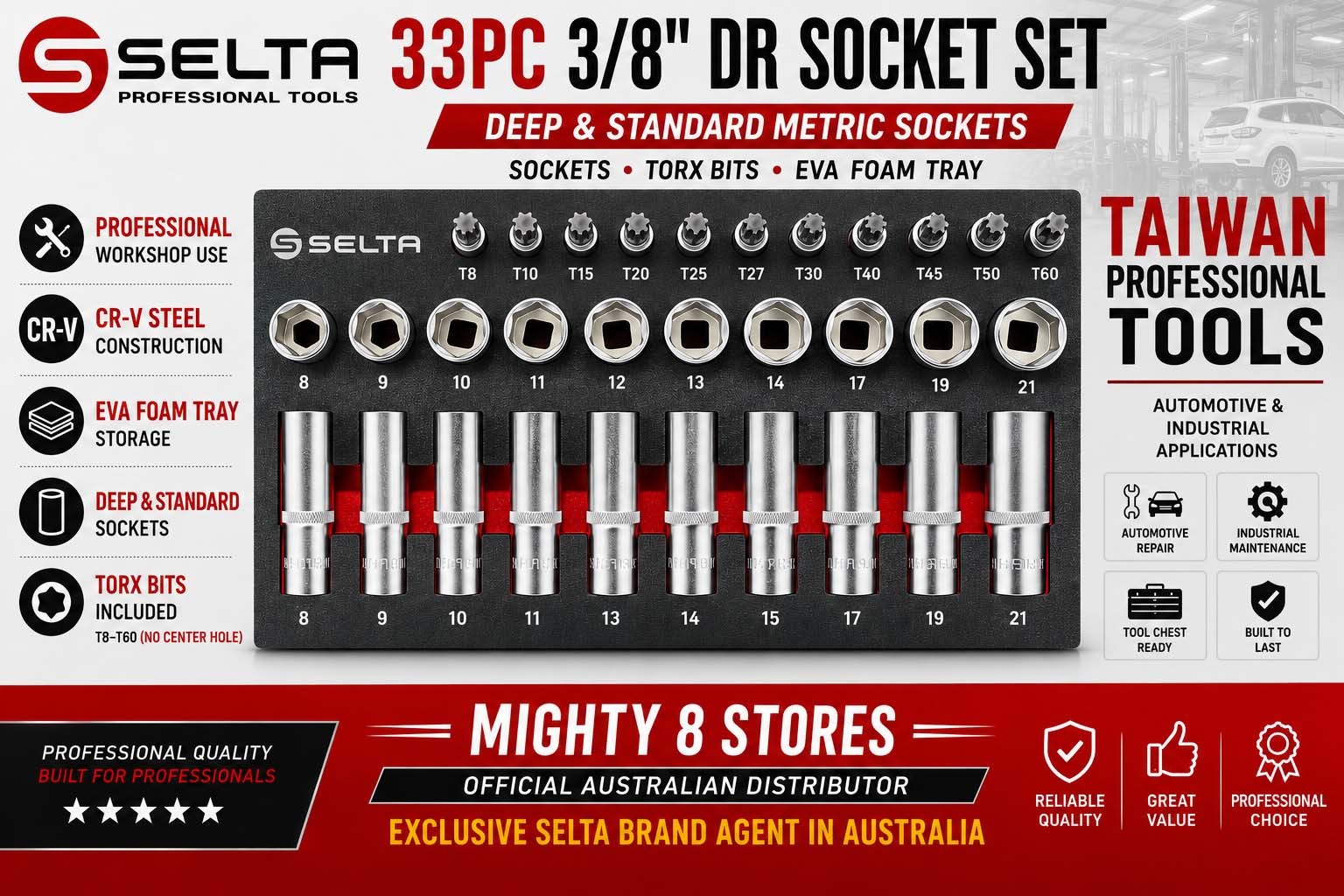 Selta Taiwan T3533E 33pc 3/8" Dr. 6pt Flank Regular & Deep Socket & Star Torx Bits Set