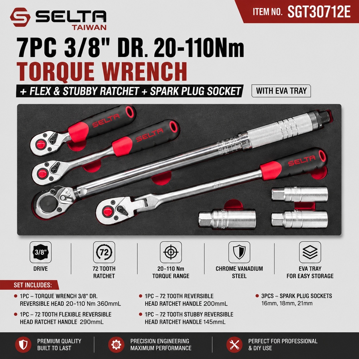 Selta 7pc 3/8" Dr Torque Wrench Set 20-110Nm Flex Stubby Ratchets Spark Plug Sockets EVA Tray
